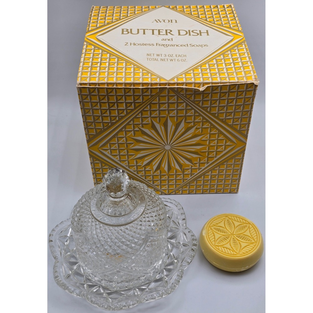 Vintage Avon Butter Cheese Dish w/ Soap Clear Glass Diamond Cut Dome Lid 70s